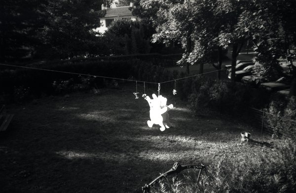 Peluches suspendues à un fil dans un jardin de nuit. Noir et blanc.ᴬᴵ