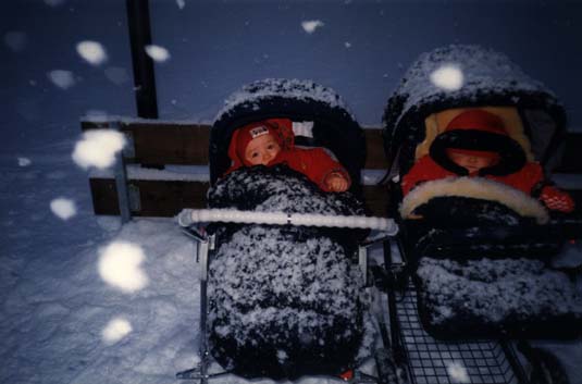 Deux poussettes couvertes de neige avec bébés emmitouflés devant un banc, gros flocons en avant-plan.