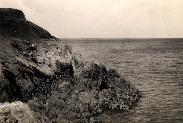 Côte rocheuse avec falaise et mer. Noir et blanc.ᴬᴵ