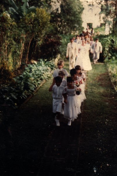 Cortège de mariage dans une allée de jardin.ᴬᴵ