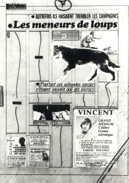 Panneau avec articles de presse et titres collés.