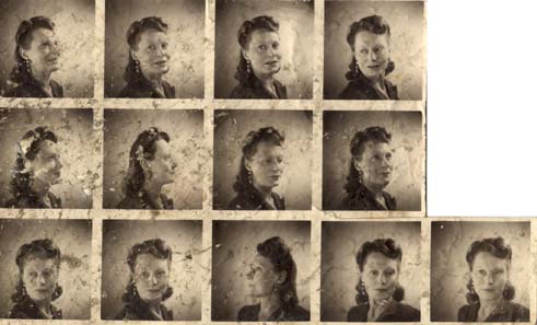 Visage de femme brune, face et profil, coiffée à la mode des années cinquante. Planche de photomaton. Noir et blanc.