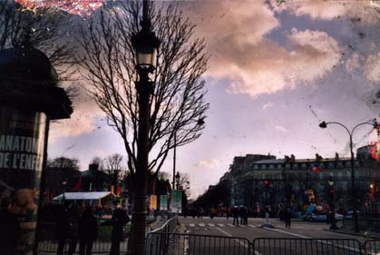 Chaussée avec piétons et arbres au crépuscule.