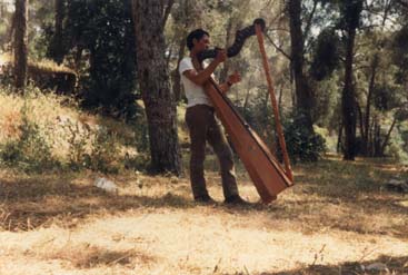 Homme joue de la harpe debout en pleine nature.