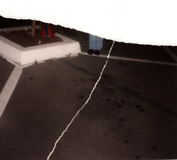 Parking de nuit avec les jambes d'une personne visibles près d'un bac à plantes. Fragment déchiré.ᴬᴵ