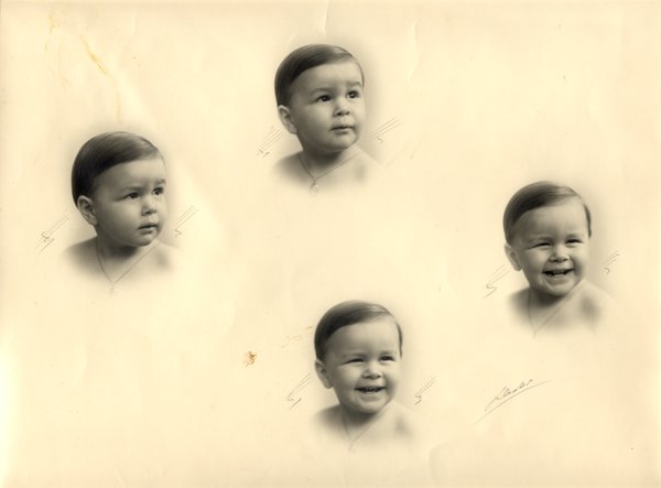 Série de visages d’un enfant torse nu riant ou impassible.