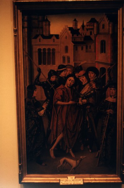 Peinture Renaissance avec chevaliers, hommes et femmes.