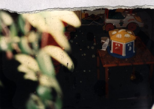 Jouets dans une pièce, plante au premier plan. Fragment déchiré, flou.ᴬᴵ