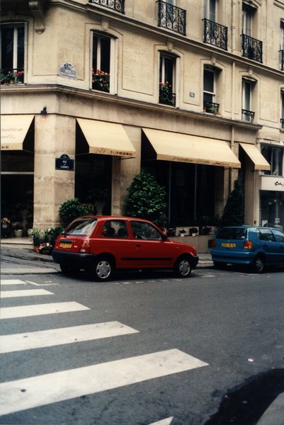 Magasin de fleurs au coin d’une rue parisienne, passage pieton et passants.
