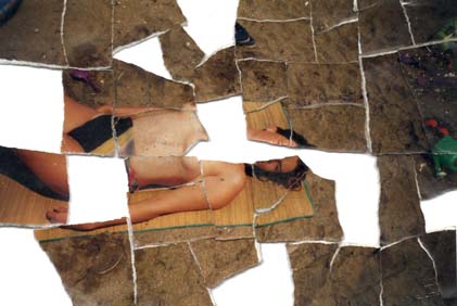 Femme seins nus allongée sur une plage. Image déchirée en partie reconstituée.